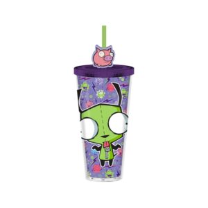 silver buffalo invader zim plastic cold cup with lid and straw topper featuring gir, 24 ounces