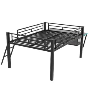 HZSSDTKJ Full Size Mid Metal Loft Gaming Bed with Desk and LED Lights, Modern Steel Loft Bed Frame with Inclined Ladder and Safety Guardrail for Kids Teens Girls Boys, Easy Assemble (Black-08, Full)