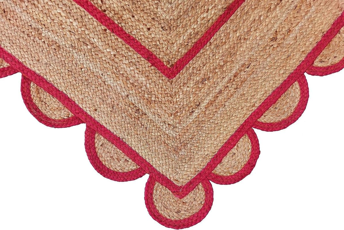 BUNDELA EXPORTS Scalloped Jute Area Rug, Floor Farmhouse Rug Natural Braided Reversible Boho Eco Large 2x12 Ft Runner Rug (RED)