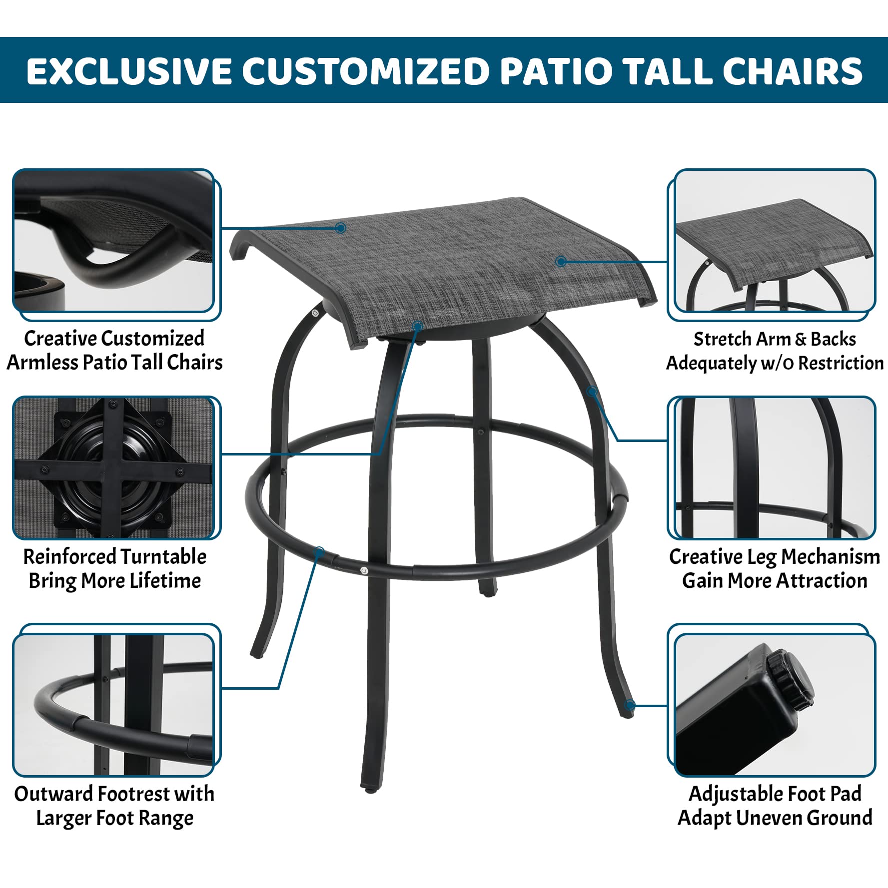 Outdoor Backless Swivel Bar Stools Set of 2, Patio Stools & Bar Chairs, Outside High Top Barstools, Breathable Textilene Fabric for Yard, Deck Porch, Balcony - Armless - Modern Gray