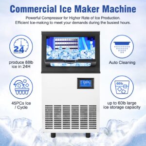 Commercial Ice Maker Machine, Freestanding/Under Counter Stainless Steel Ice Machine, 90Lbs/24 Hour with 30Lbs Ice Storage Capacity, Self Cleaning, Ideal for Restaurant/Bar/Cafe/Shop/Home/Office