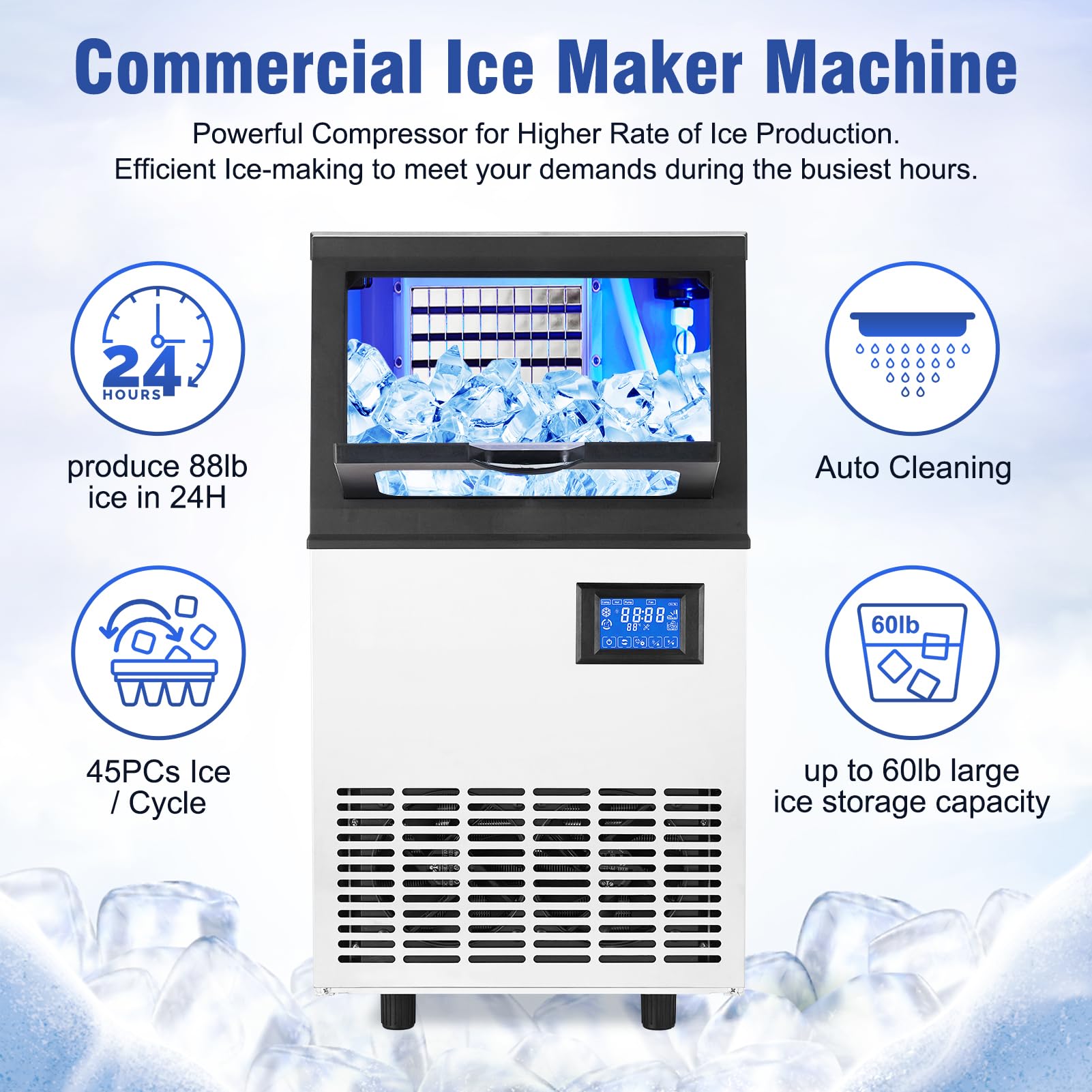 Commercial Ice Maker Machine, Freestanding/Under Counter Stainless Steel Ice Machine, 90Lbs/24 Hour with 30Lbs Ice Storage Capacity, Self Cleaning, Ideal for Restaurant/Bar/Cafe/Shop/Home/Office