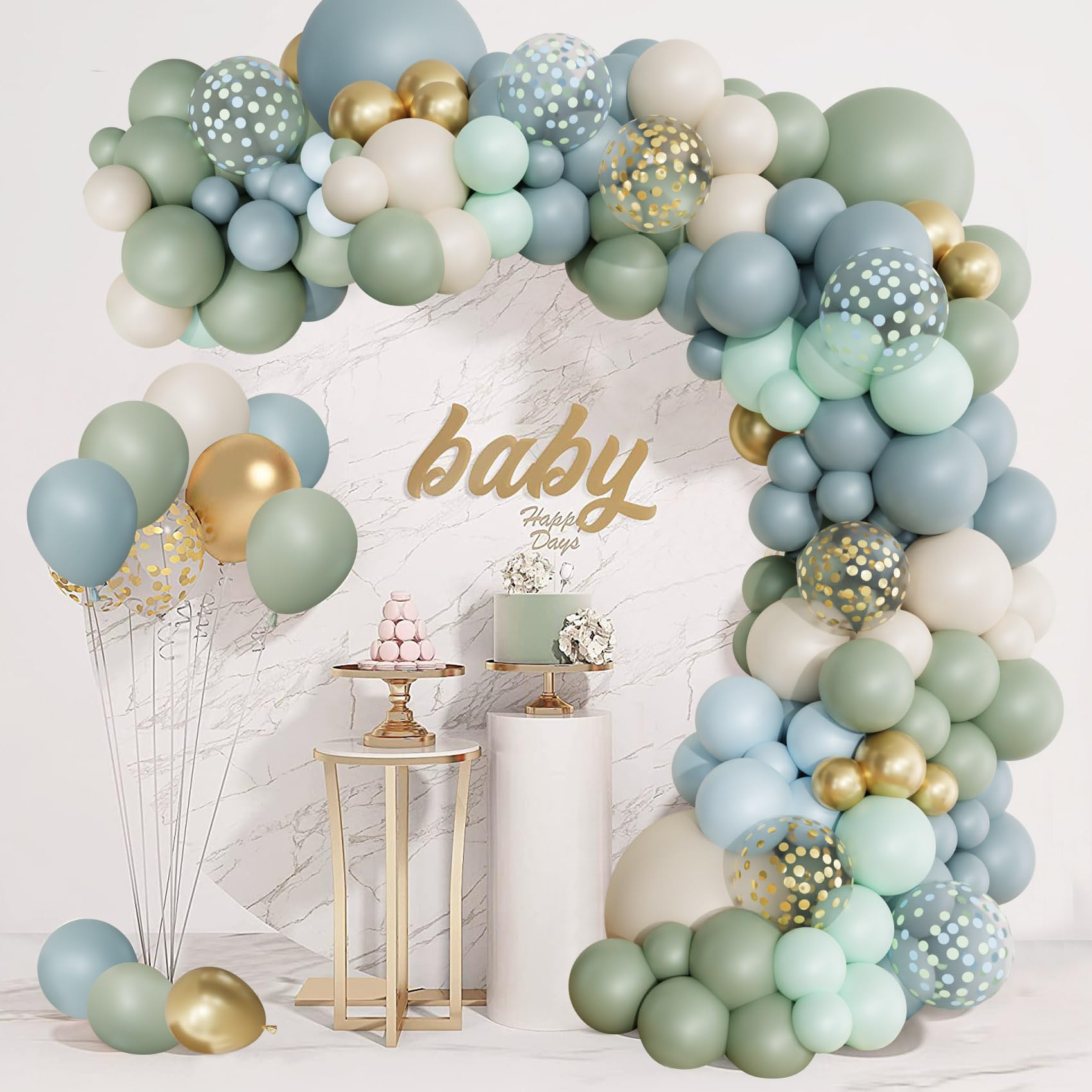 Ouddy Life Dusty Blue Balloon Arch Kit, 179pcs Sage Green Pastel Blue Sand White Gold Confetti Balloons Butterfly Stickers for Boho Baby Bridal Shower Birthday Wedding Woodland Party Decorations