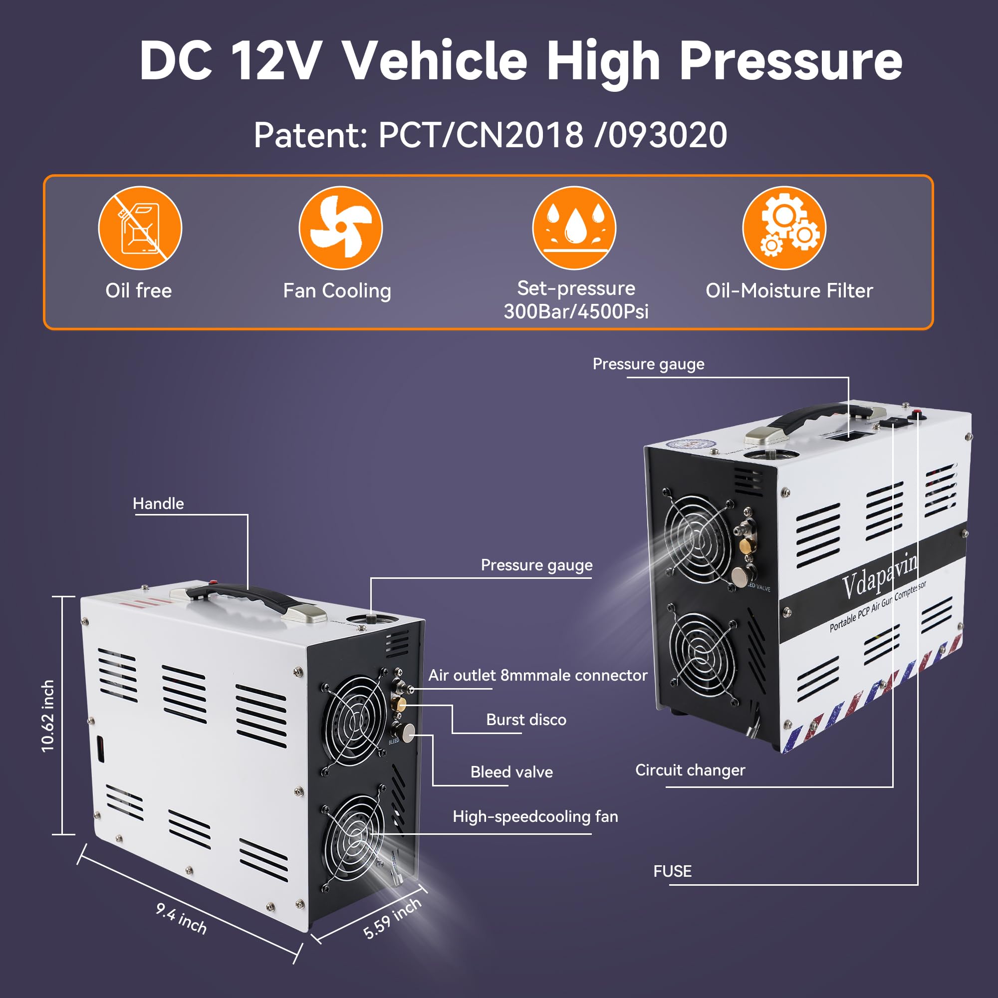 Pcp Air Compressor,4500psi 30mpa/300 Bar Automatic Stop Pump,Oil/Water Free,Powered By Car 12v Dc Or Home 110v Ac,Paintball Air Compressor,Scuba Air Compressor