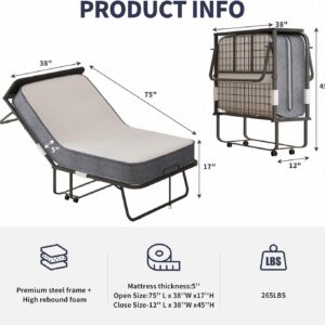 ijuicy Folding Bed,75" x 38" Rollaway Bed with 5" Upgraded Thickness Mattress for Adults,High Rebound Foam Filling,Folding Bed with Storage Cover,Steel Frame w/4 Movable and Lockable Wheels,Headboard