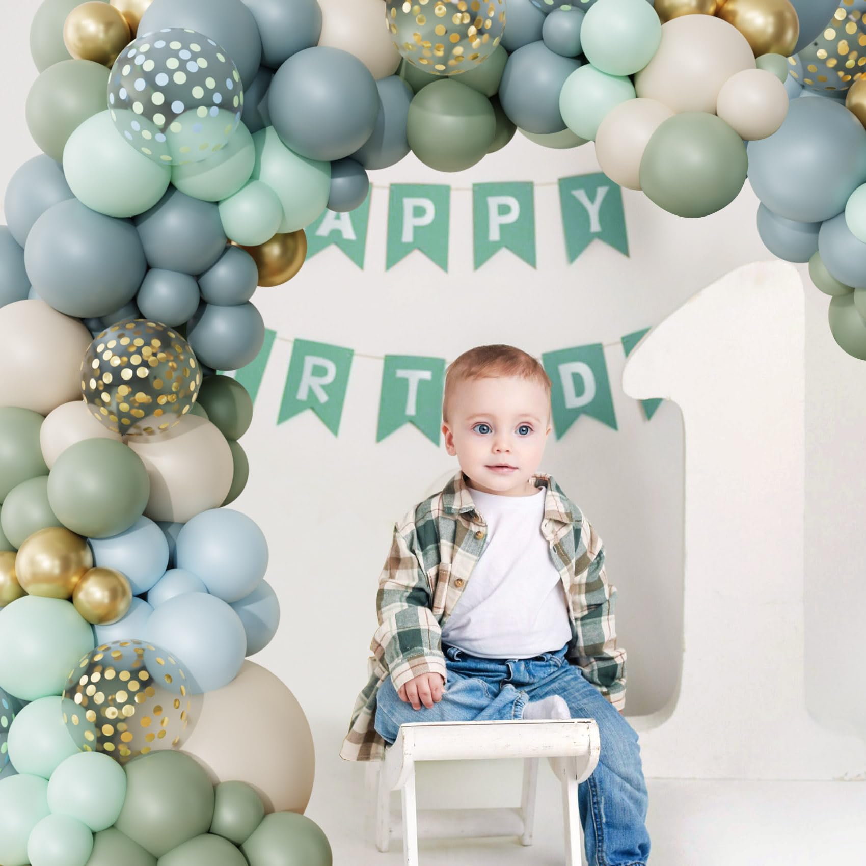 Ouddy Life Dusty Blue Balloon Arch Kit, 179pcs Sage Green Pastel Blue Sand White Gold Confetti Balloons Butterfly Stickers for Boho Baby Bridal Shower Birthday Wedding Woodland Party Decorations