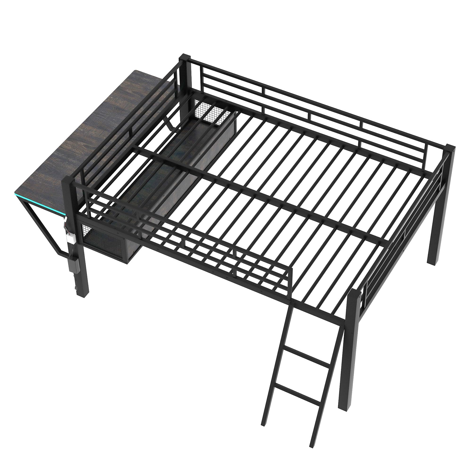 HZSSDTKJ Full Size Mid Metal Loft Gaming Bed with Desk and LED Lights, Modern Steel Loft Bed Frame with Inclined Ladder and Safety Guardrail for Kids Teens Girls Boys, Easy Assemble (Black-08, Full)