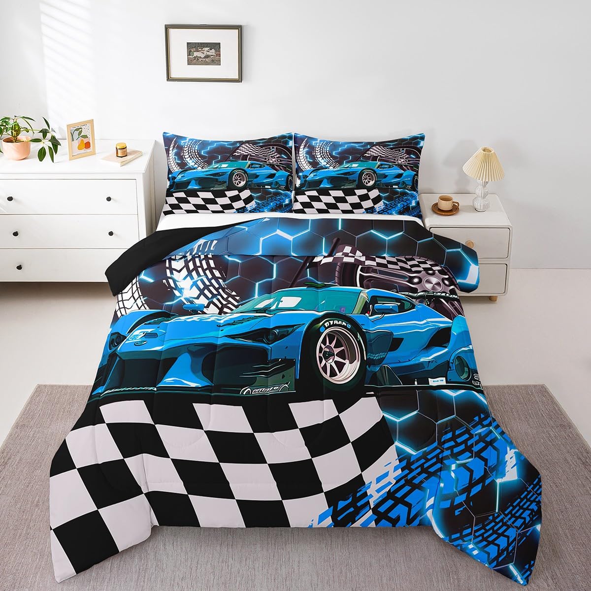 Toddler Race Car Bed for Boys,Teal Neon Lights Honeycomb Twin Size Bedding Set Cool Sports Car Glitter Beehive Geometric Hexagon Comforter Set,Black White Grid Lattice Quilt Buffalo Plaid Decor