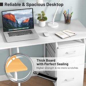 CHEFJOY Folding Computer Desk with 6 Wheels, 41.5" Modern Steel Collapsible Home Office Desk with 3 Storage Drawers, Portable Writing Laptop Desk for Bedroom, Study, Small Space, Home Office, White