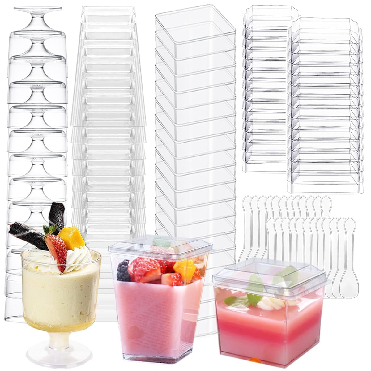 340 Pack Plastic Dessert Cups with Lids and Spoons,5 OZ Mini Clear Parfait Cups Appetizer Cups for Party, Square Dessert Shooter Cups Round Goblet Small Reusable Fruit Ice Cream Pudding Cups Bowls