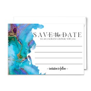 paper clever party teal and purple save the date with envelopes, all occasion cards for wedding invitations, birthday, graduation, modern watercolor, 3.5x5, 25 pack