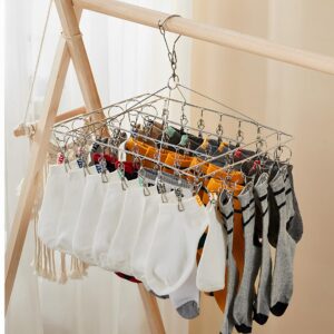 JPORSHU Sock Folding Stainless Steel Sock Drying Rack with 46 Clips,Metal Sock Hangers with Clips，360 DegreesSwivel Hook Wind-Proof Clothes Hanger Rack,for Sock, Bras, Underwear, Laundry Accessories