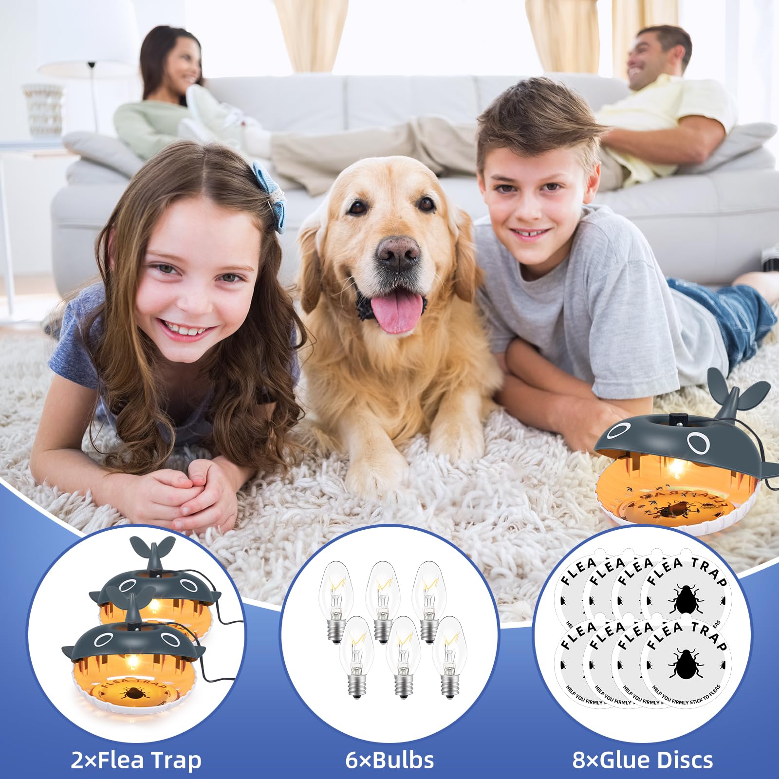 2024 Newly Flea Traps for Inside Your Home, Shark Sticky Flea Trap Fly Trap Indoor with 8 Flea Trap Refill Discs, UV Flea Light Trap Flea Killer for Home, Safe Kids, Friendly to Pets(2 Pack)