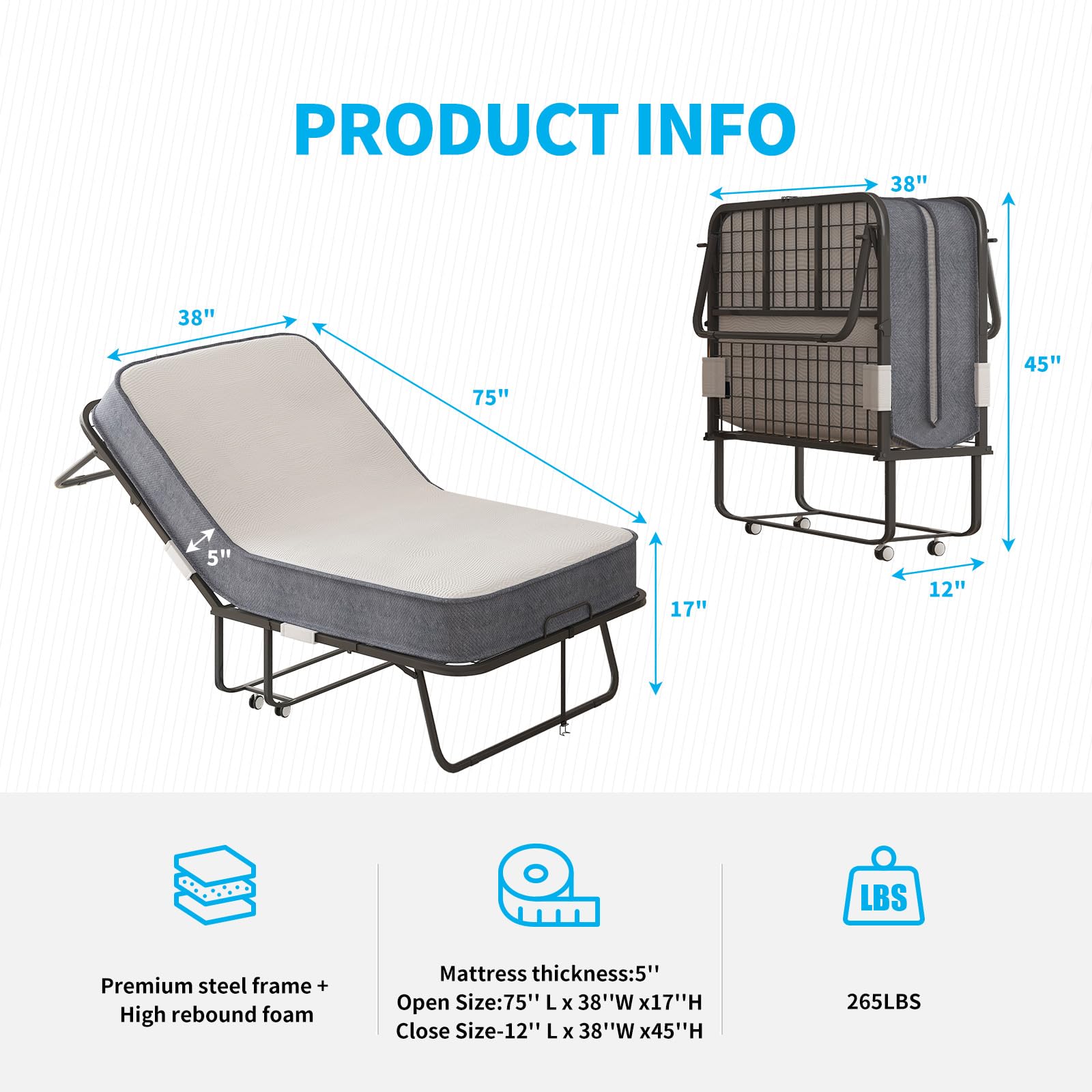 Mjkone Folding Bed with 5 Inch Memory Foam Mattress, Single Rollaway Bed for Guests, Space Saving Portable Bed with Lockable Wheels, Easy Assembly & Moving, 75 x 38 (Standard)