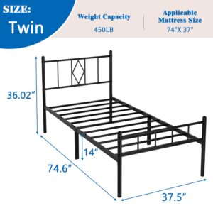 Casaflair Twin Size 14" Height Classic Metal Platform Bed Frame Foundation with Iron-Art Headboard/Footboard/Under Bed Storage/No Box Spring Needed/Heavy Duty Metal Slats Support/Black