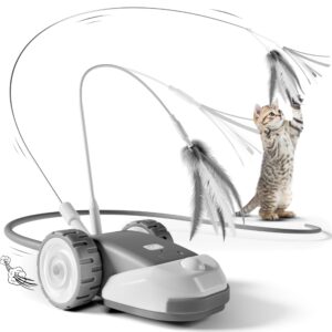 cyros 3-in-1 interactive cat toy - 2-speed automatic moving mouse cat toys self play with 2pcs hanging feather string ribbon and wiggly silicone mice tail for bored indoor adult cats kittens