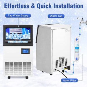 Commercial Ice Maker Machine, Freestanding/Under Counter Stainless Steel Ice Machine, 90Lbs/24 Hour with 30Lbs Ice Storage Capacity, Self Cleaning, Ideal for Restaurant/Bar/Cafe/Shop/Home/Office