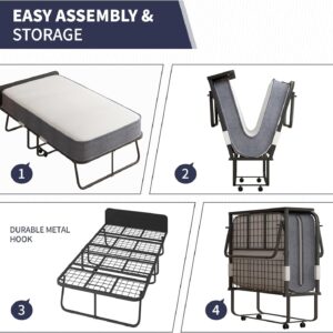 ijuicy Folding Bed,75" x 38" Rollaway Bed with 5" Upgraded Thickness Mattress for Adults,High Rebound Foam Filling,Folding Bed with Storage Cover,Steel Frame w/4 Movable and Lockable Wheels,Headboard