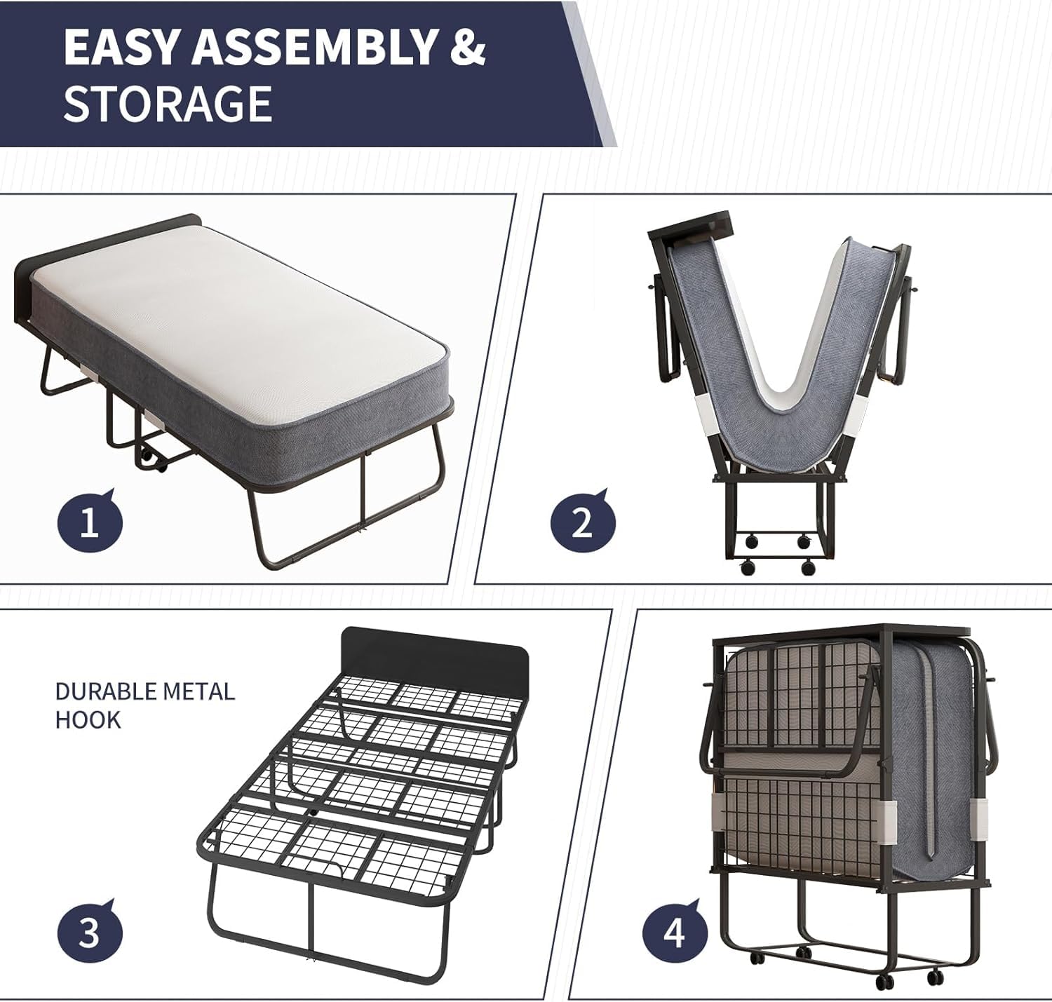 ijuicy Folding Bed,75" x 38" Rollaway Bed with 5" Upgraded Thickness Mattress for Adults,High Rebound Foam Filling,Folding Bed with Storage Cover,Steel Frame w/4 Movable and Lockable Wheels,Headboard