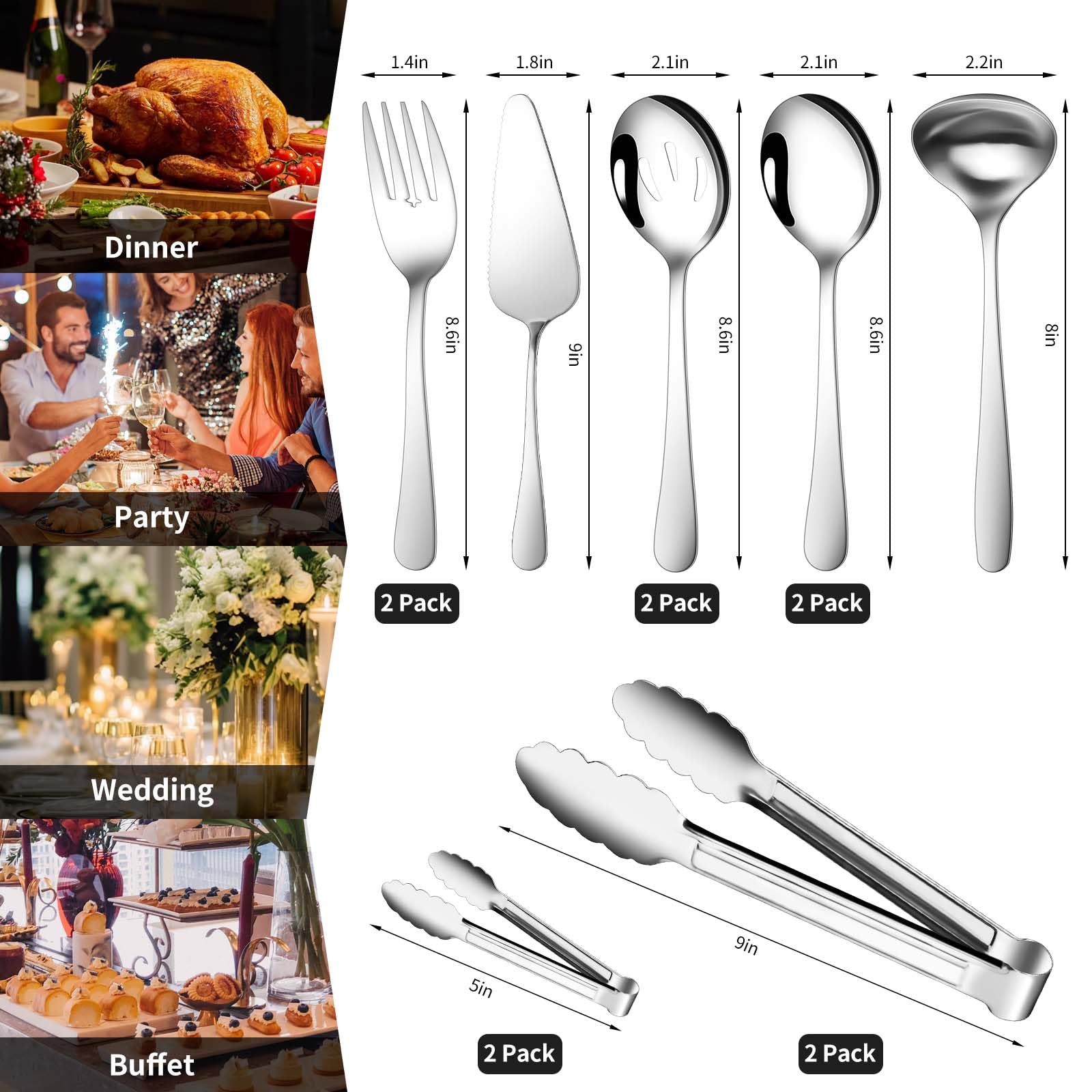 Gisly 12 Pieces Serving Utensils Include Large Serving Spoons,Slotted Serving Spoons,Serving Forks,Serving Tongs,Appetizers Tongs,Soup Ladle and Pie Cake Server for Buffet Catering,Dishwasher Safe