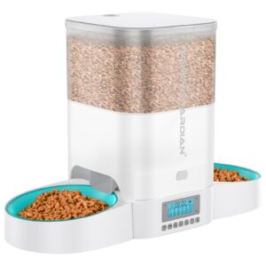 HoneyGuaridan Automatic Cat Feeder for Two Cats,3.5L Cat Food Dispenser with Slow Feeder Bowl,Timed Cat Feeder Programmable 1-6 Meals Control, Dual Power Supply,10s Meal Call White