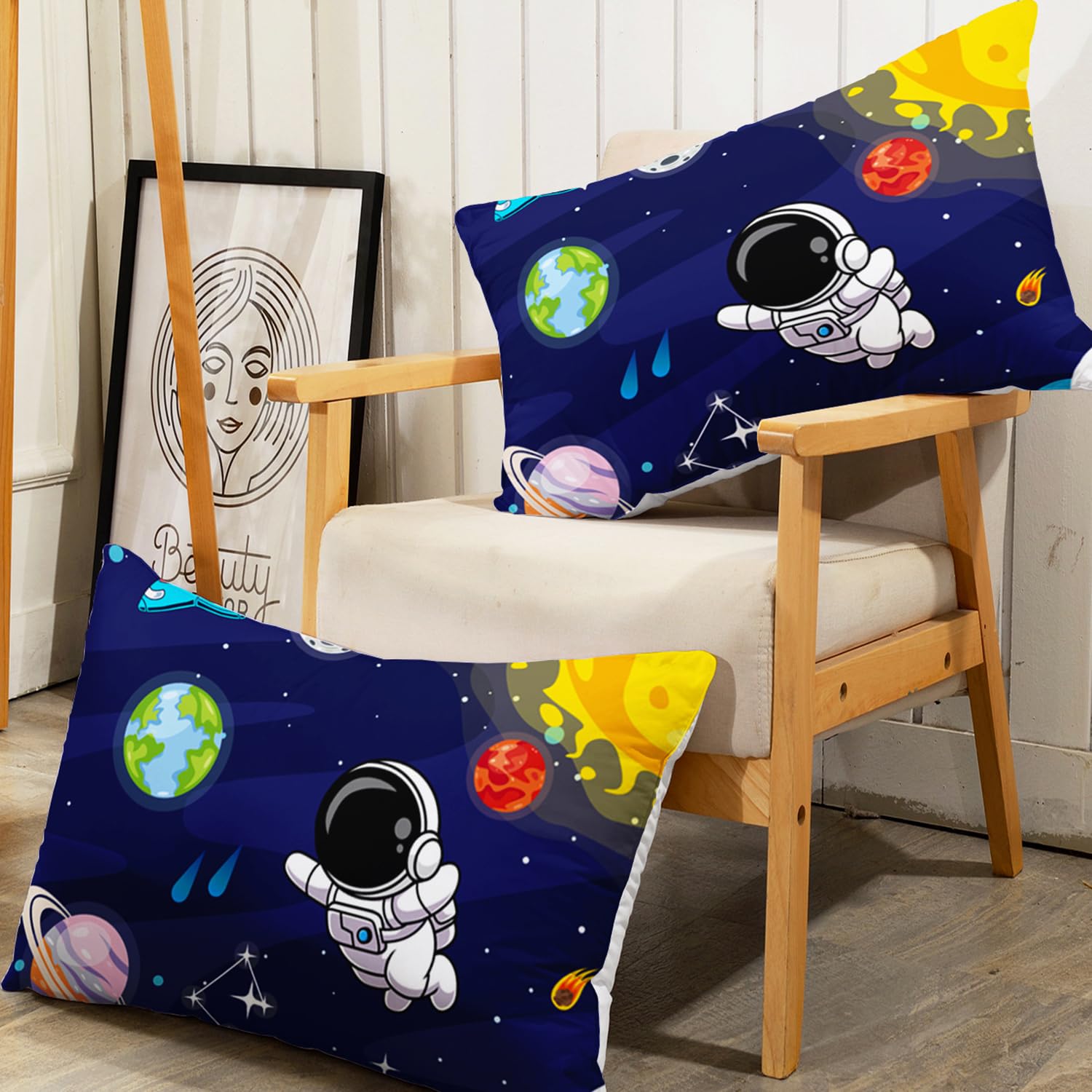 AILONEN Cartoon Astronaut Fitted Sheet Twin Size, Cute Astronaut with Rockets Bedding Set for Kids Boys,Outer Space Explorer Theme Bed Sheet Set,1 Fitted Sheet 2 Pillowcases,3 PCS