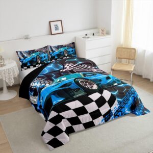 Toddler Race Car Bed for Boys,Teal Neon Lights Honeycomb Twin Size Bedding Set Cool Sports Car Glitter Beehive Geometric Hexagon Comforter Set,Black White Grid Lattice Quilt Buffalo Plaid Decor