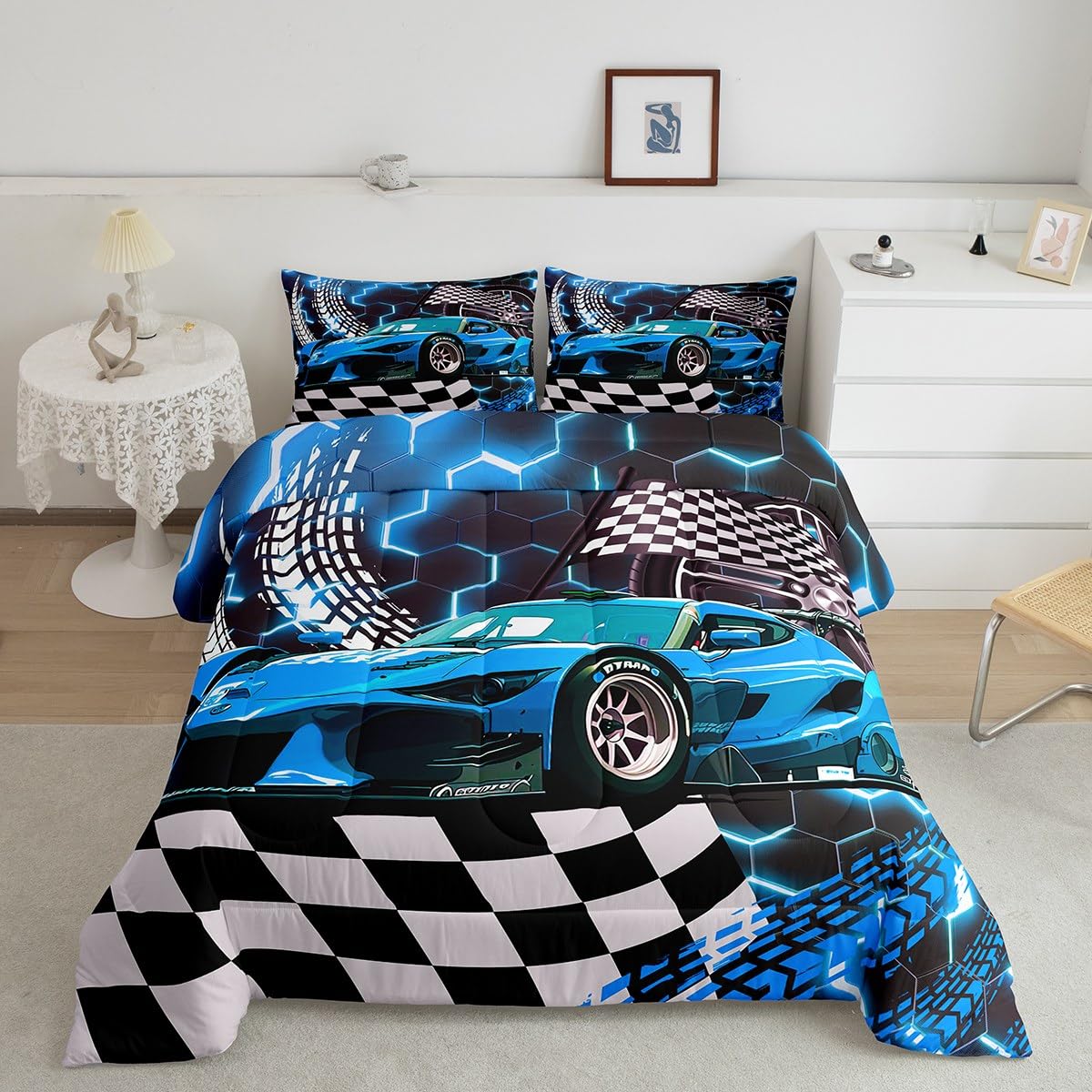 Toddler Race Car Bed for Boys,Teal Neon Lights Honeycomb Twin Size Bedding Set Cool Sports Car Glitter Beehive Geometric Hexagon Comforter Set,Black White Grid Lattice Quilt Buffalo Plaid Decor