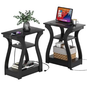 fromjbest end table set of 2 with charging station, side table with usb ports and outlets, nightstand, 3 tier end table with storage shelf for living room, bedroom(black set of 2)