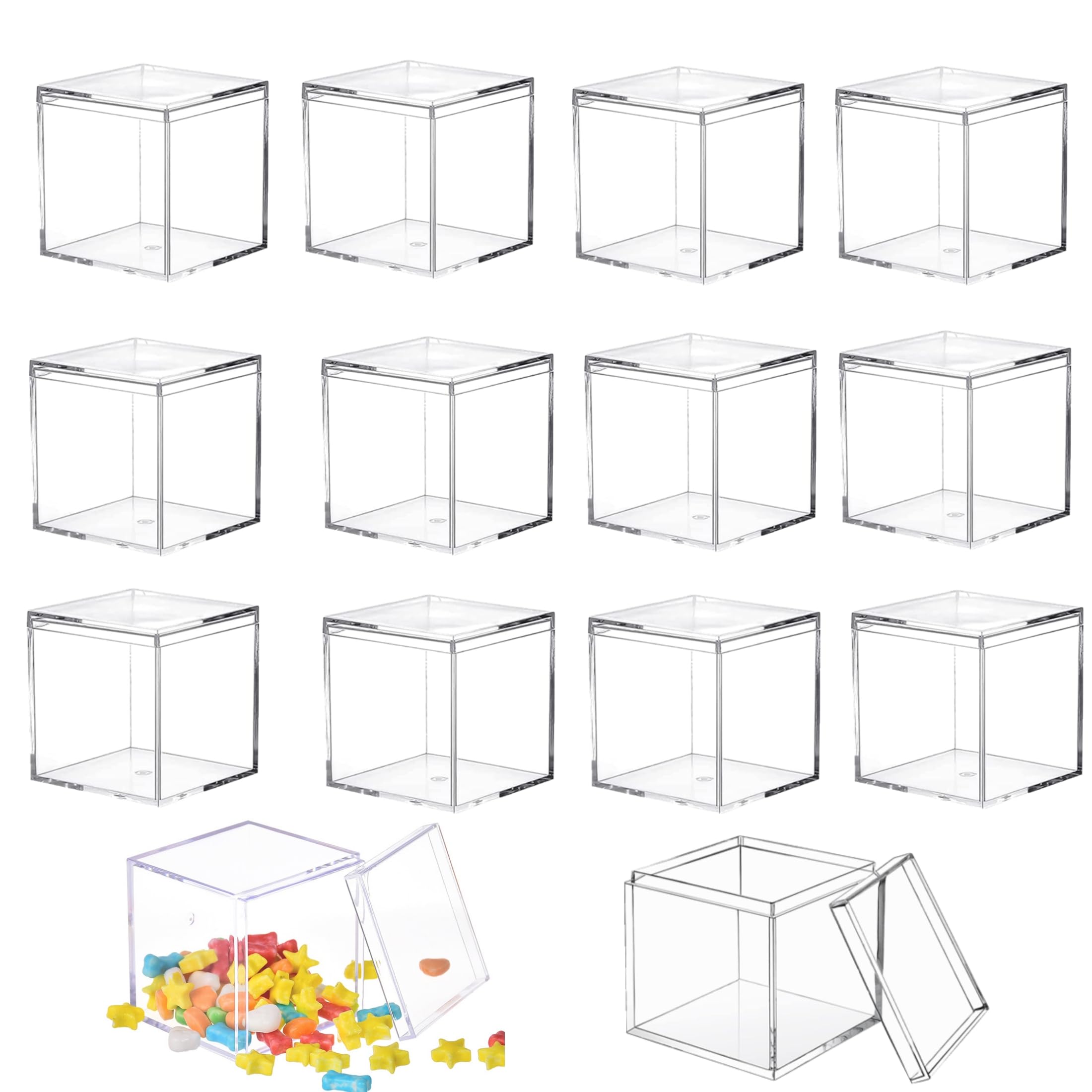 LOVPLAY Acrylic box with Lid Clear 12 Pack Small Acrylic Square Cube Containers Plastic Storage Box 1.77x1.77x1.77Inch/45X45X45mm for Birthday Valentine's Day Party Favor Candy Pill and Tiny Jewelry