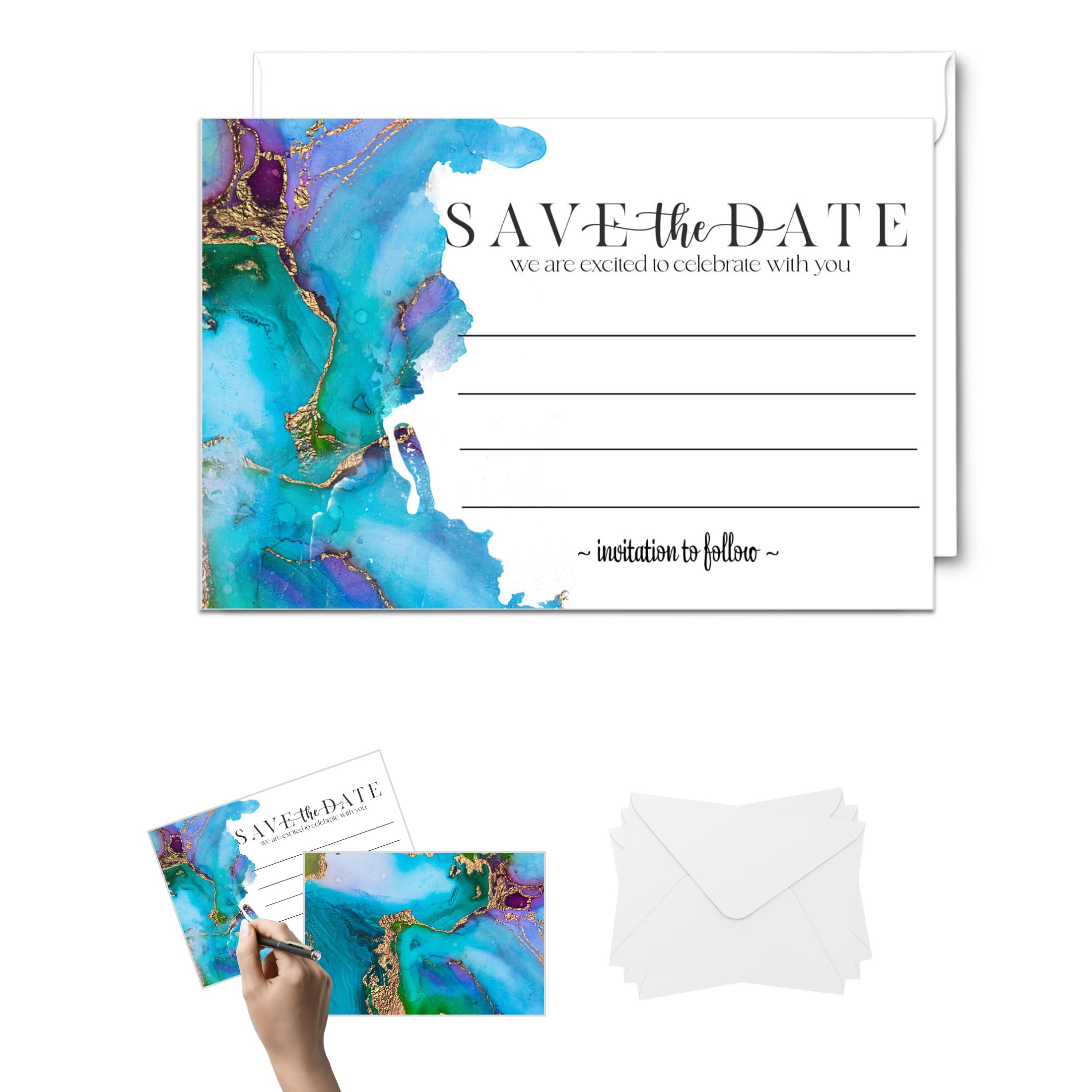 Paper Clever Party Teal and Purple Save the Date with Envelopes, All Occasion Cards for Wedding Invitations, Birthday, Graduation, Modern Watercolor, 3.5x5, 25 Pack