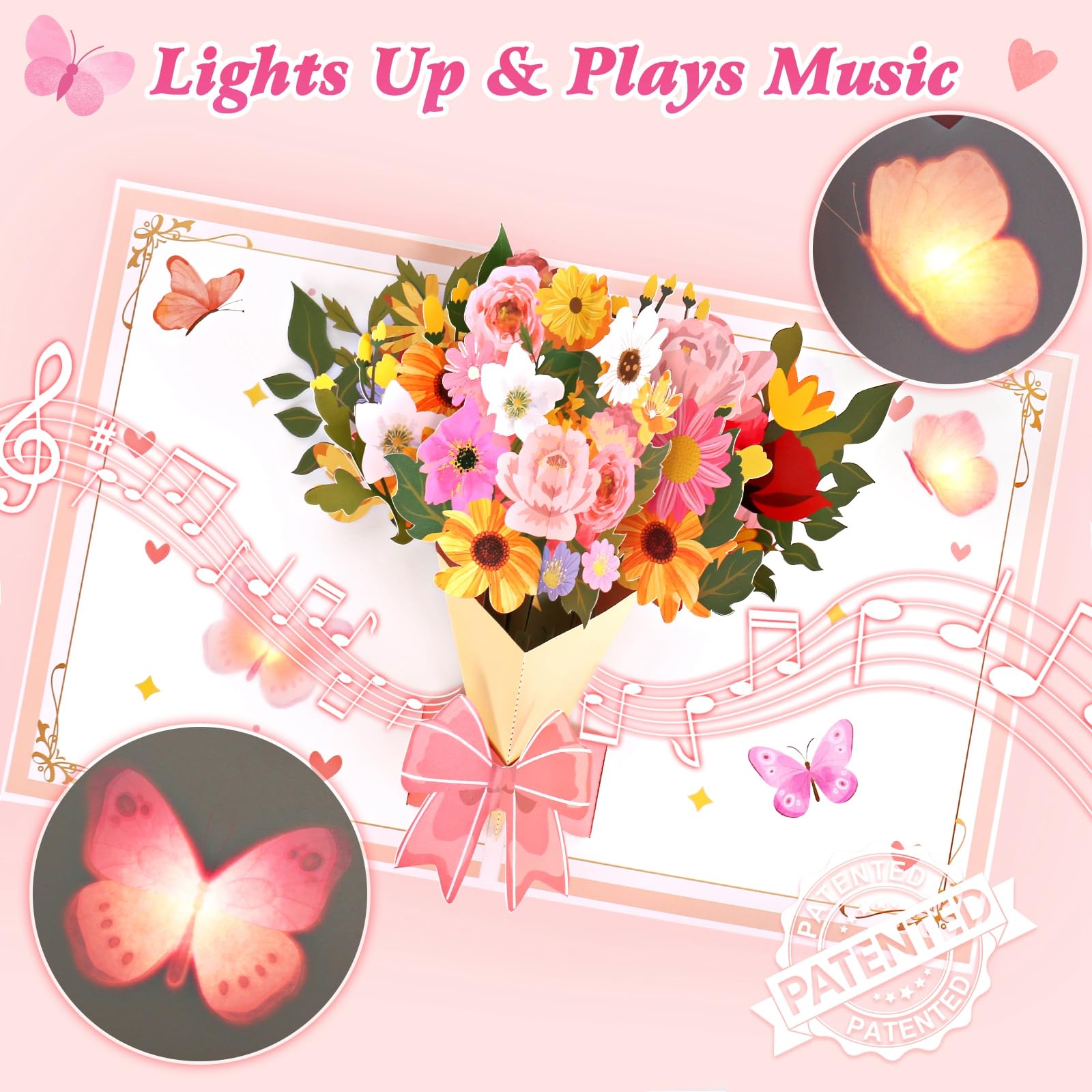 FITMITE Pop-up MUSIC & LIGHTS Birthday Card, 3D Flowers Butterfly Get Well Soon Thank You Anniversary Card and Gifts for Women Wife Girlfriend Mom Sister Firend