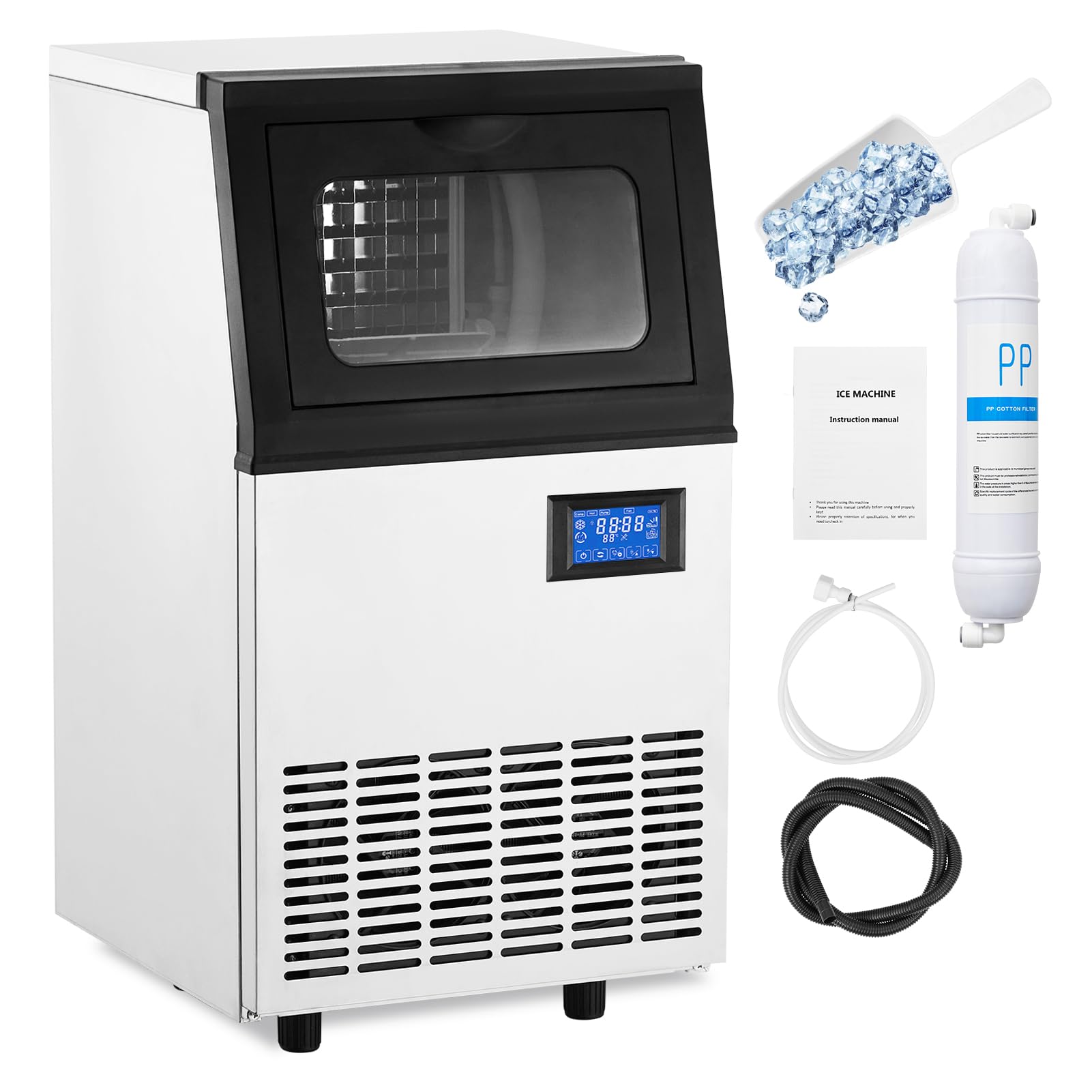 Commercial Ice Maker Machine, Freestanding/Under Counter Stainless Steel Ice Machine, 90Lbs/24 Hour with 30Lbs Ice Storage Capacity, Self Cleaning, Ideal for Restaurant/Bar/Cafe/Shop/Home/Office