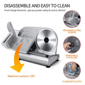 Techwood Electric Meat Slicer, 200W Electric Deli Food Slicer with 9” Removable Stainless Steel Blade & Adjustable Thickness Dial, for Home Use, Ideal for Meat Jerky, Hard Cheese, Vegetables & Bread