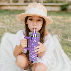 sweet grain 40 oz Tumbler with Handle and Straw, Stainless Steel Purple Leopard Print Tumbler with Handle, Double Vacuum Leopard Cup, Keeps Drinks Cold Up to 24 Hours