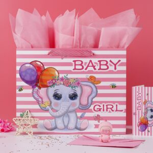 Jaywayang 12.6" Large Baby Girl Gift Bag with Tissue Paper and Greeting Card for Baby Shower, Baby Girl Birthday, New Parents, and More.