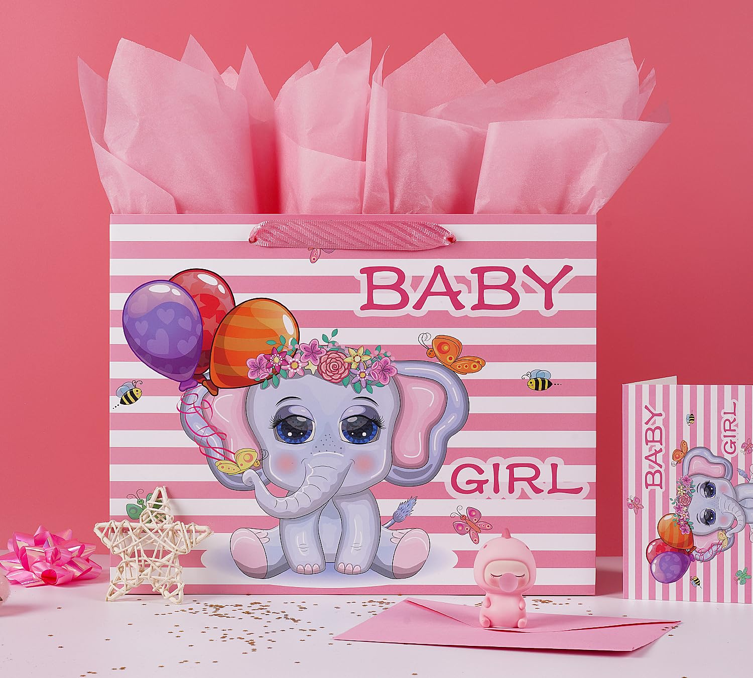 Jaywayang 12.6" Large Baby Girl Gift Bag with Tissue Paper and Greeting Card for Baby Shower, Baby Girl Birthday, New Parents, and More.