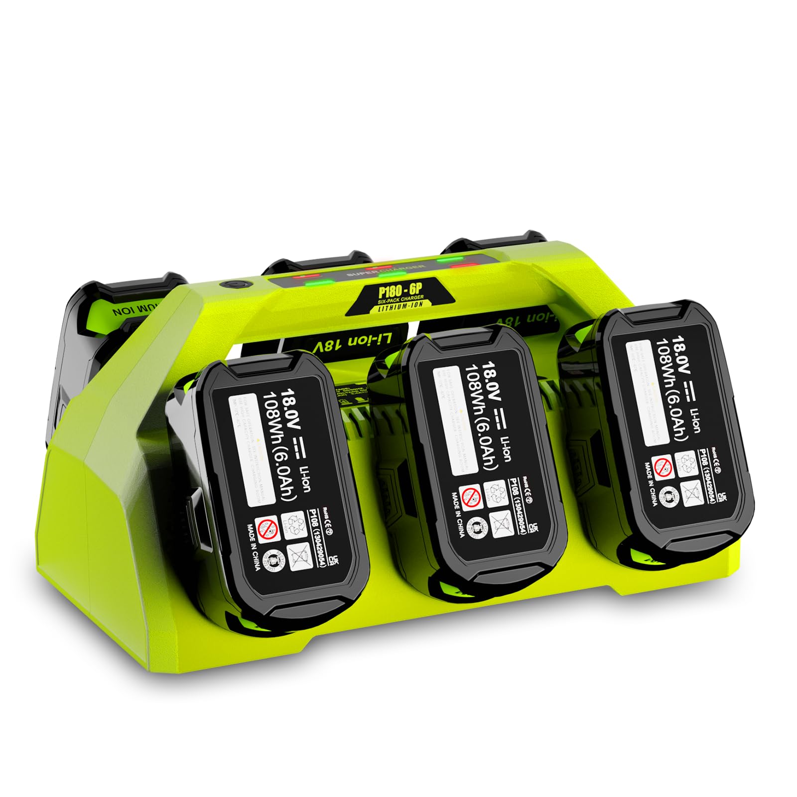 CaliHutt 【 Wall-Hole】 Replace 6 Port Chrager for P135 P117 Ryobi 18V Lithium-Ion Charger Fast Charge with Power Choose Button,6 LED Indicators