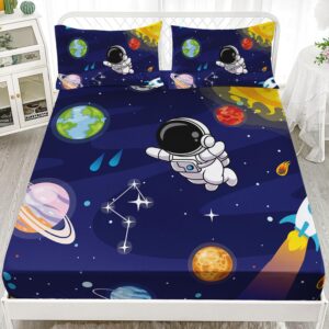 ailonen cartoon astronaut fitted sheet twin size, cute astronaut with rockets bedding set for kids boys,outer space explorer theme bed sheet set,1 fitted sheet 2 pillowcases,3 pcs