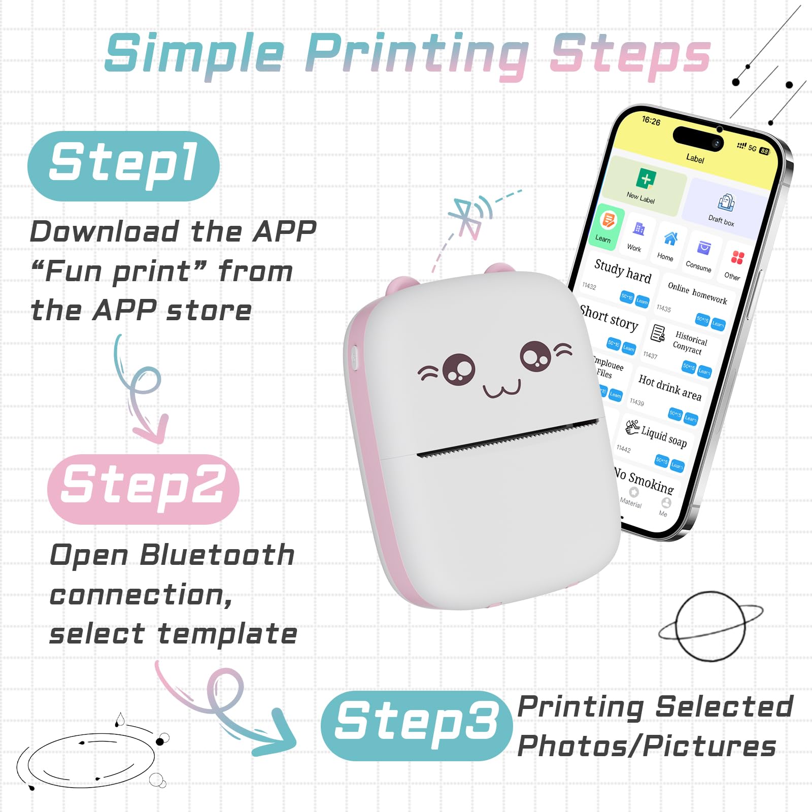 Inkless Sticker Printer, Mini Pocket Thermal Sticker Printer, Bluetooth Pocket Portable Printer with 13 Rolls Thermal Paper, Compatible with IOS and Android Phone for Photo, Memo, Notes(Pink).