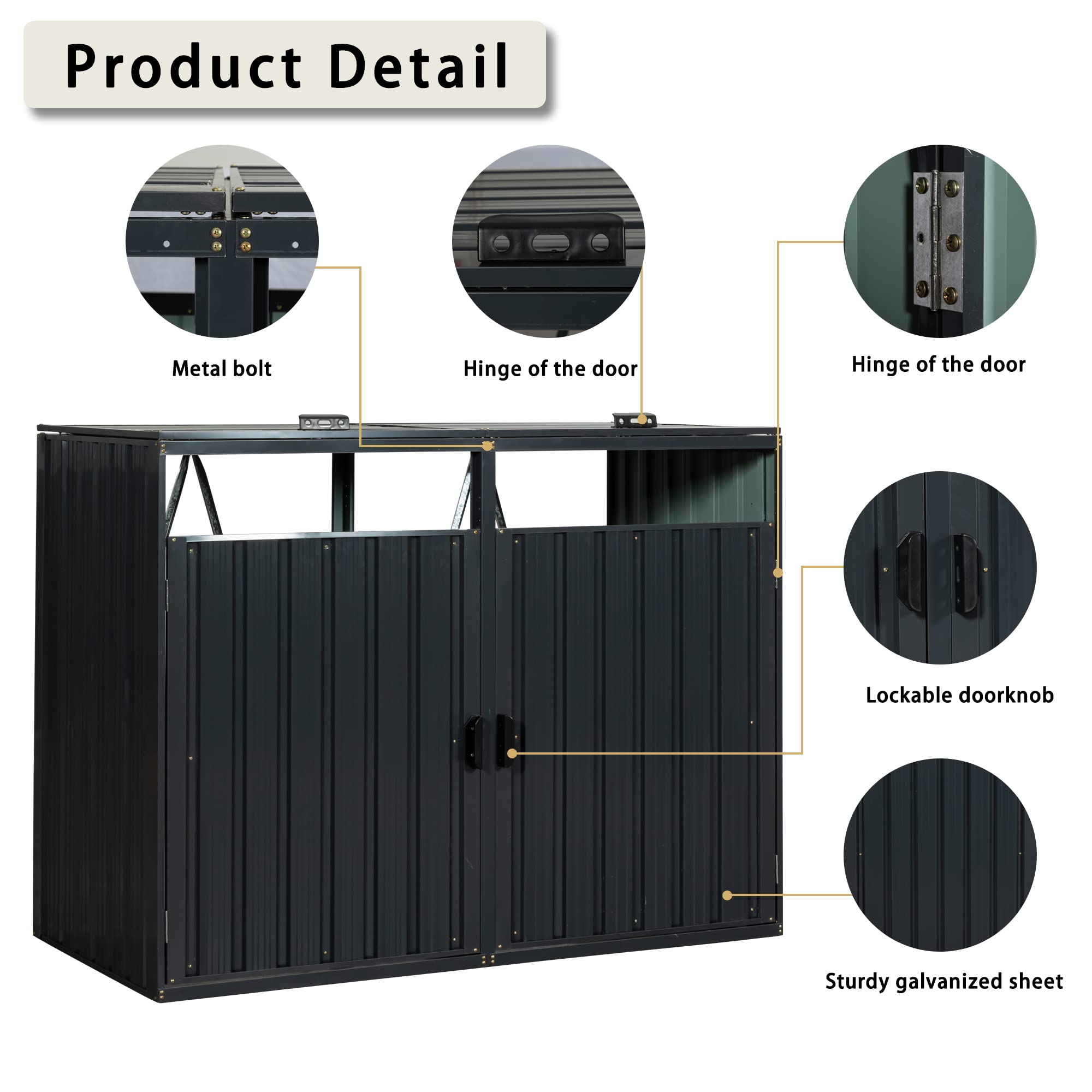 Outdoor Garbage Bin Metal Storage Shed with Lockable Individually Opening Doors, Padlock Latch, Lifting Lids, for 2 Trash Cans, for Garden Yard Lawn, Black