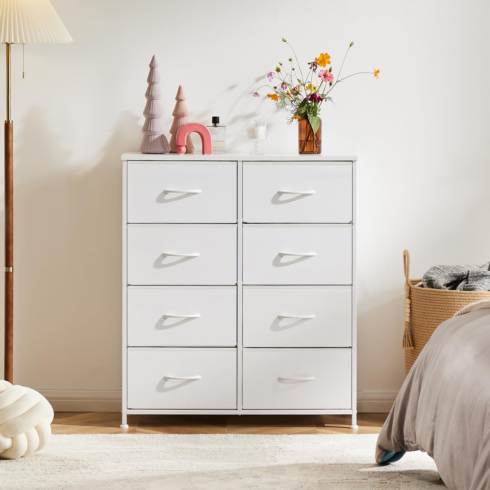 DUMOS Dresser for Bedroom with 8 Fabric Drawers, Tall Chest Organizer Units for Clothing, Closet, Kidsroom, Storage Tower with Cabinet, Metal Frame, Wooden Top, Lightweight Nursery Furniture, White