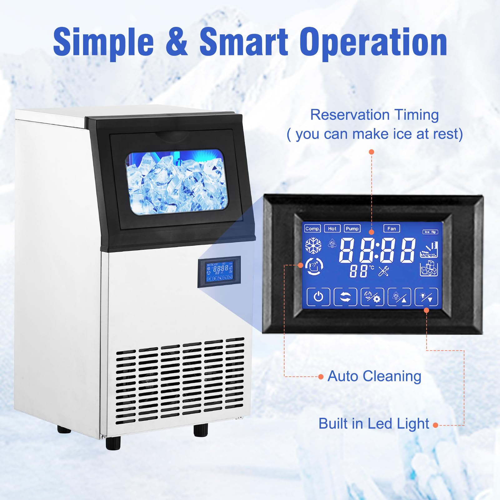 Commercial Ice Maker Machine, Freestanding/Under Counter Stainless Steel Ice Machine, 90Lbs/24 Hour with 30Lbs Ice Storage Capacity, Self Cleaning, Ideal for Restaurant/Bar/Cafe/Shop/Home/Office