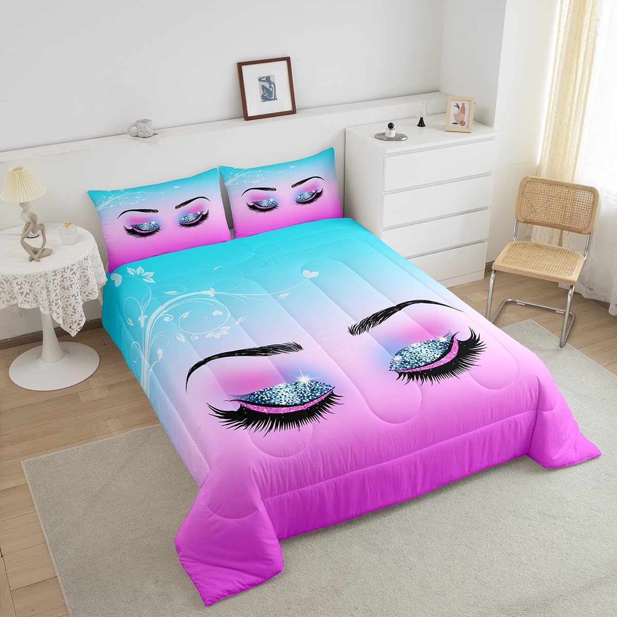 Eyelash Comforter Set Twin for Girls Women Glitter Sparkle Eyelashes Bed Comforter Set Cute Princess Style Bedding with 1 Pillowcase, Eyelashes Beauty Makeup Quilt Romance Room Decor(Pink Blue)