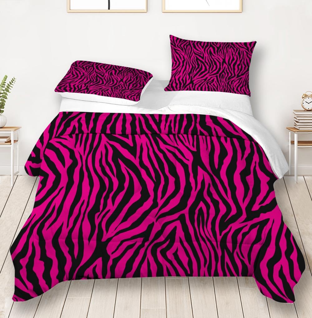 NYDYCMX Zebra Print Comforter Queen Size,Leopard Skin Down Alternative Duvet Insert,Hot Pink Wild Animal Bedding Set for Kids Gilrs Women Youth,Modern Black Bedroom Dorm Decor Quilt Sets 3 Pcs