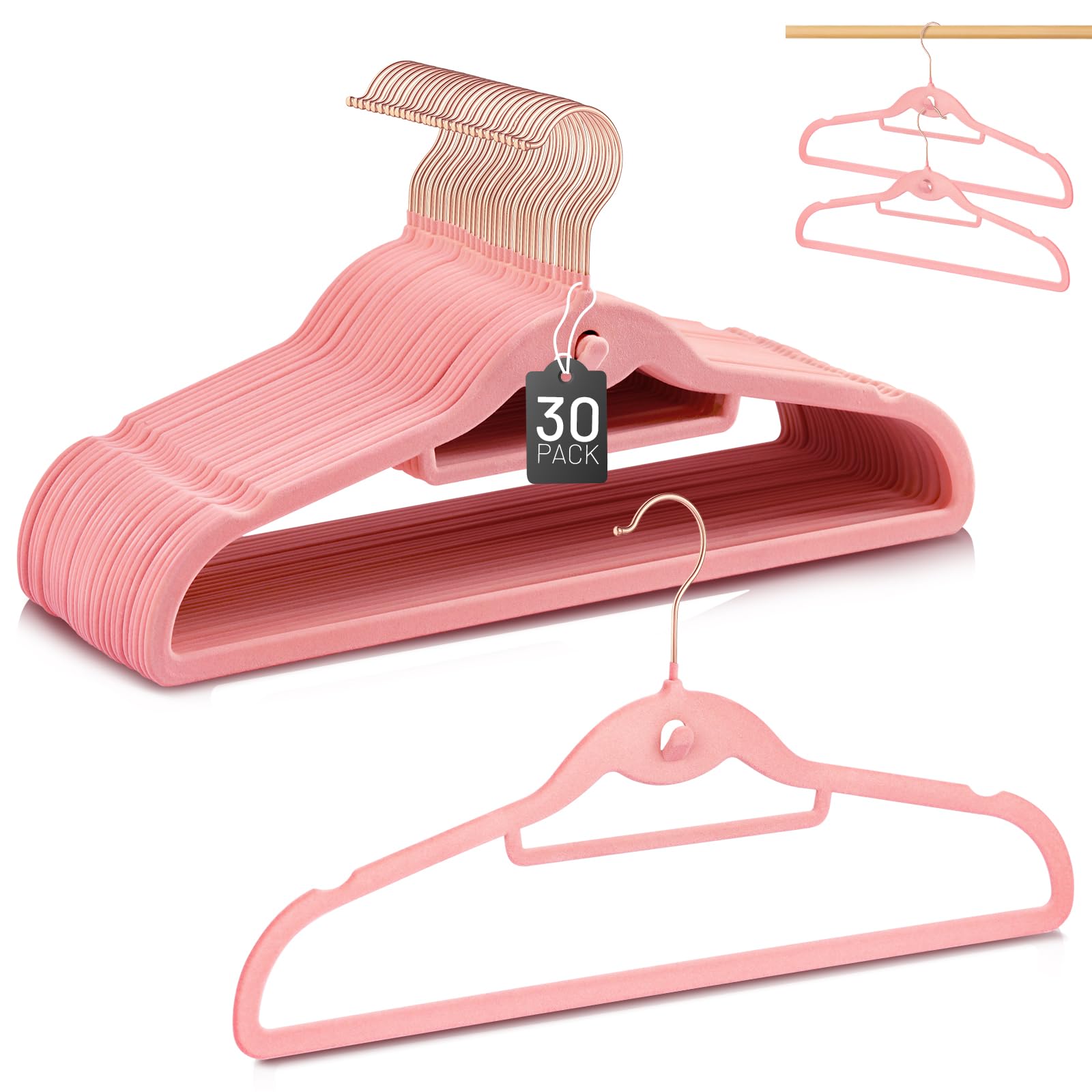 Velvet Hangers 30 Pack, STOPKLAS Pink Clothes Hangers Non Slip Felt Hangers with 360° Swivel Hook, Thin Hangers Space Saving, Heavy Duty Closet Hangers for Clothes, Coats, Suits, Dress, Pants