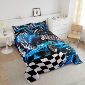 Toddler Race Car Bed for Boys,Teal Neon Lights Honeycomb Twin Size Bedding Set Cool Sports Car Glitter Beehive Geometric Hexagon Comforter Set,Black White Grid Lattice Quilt Buffalo Plaid Decor