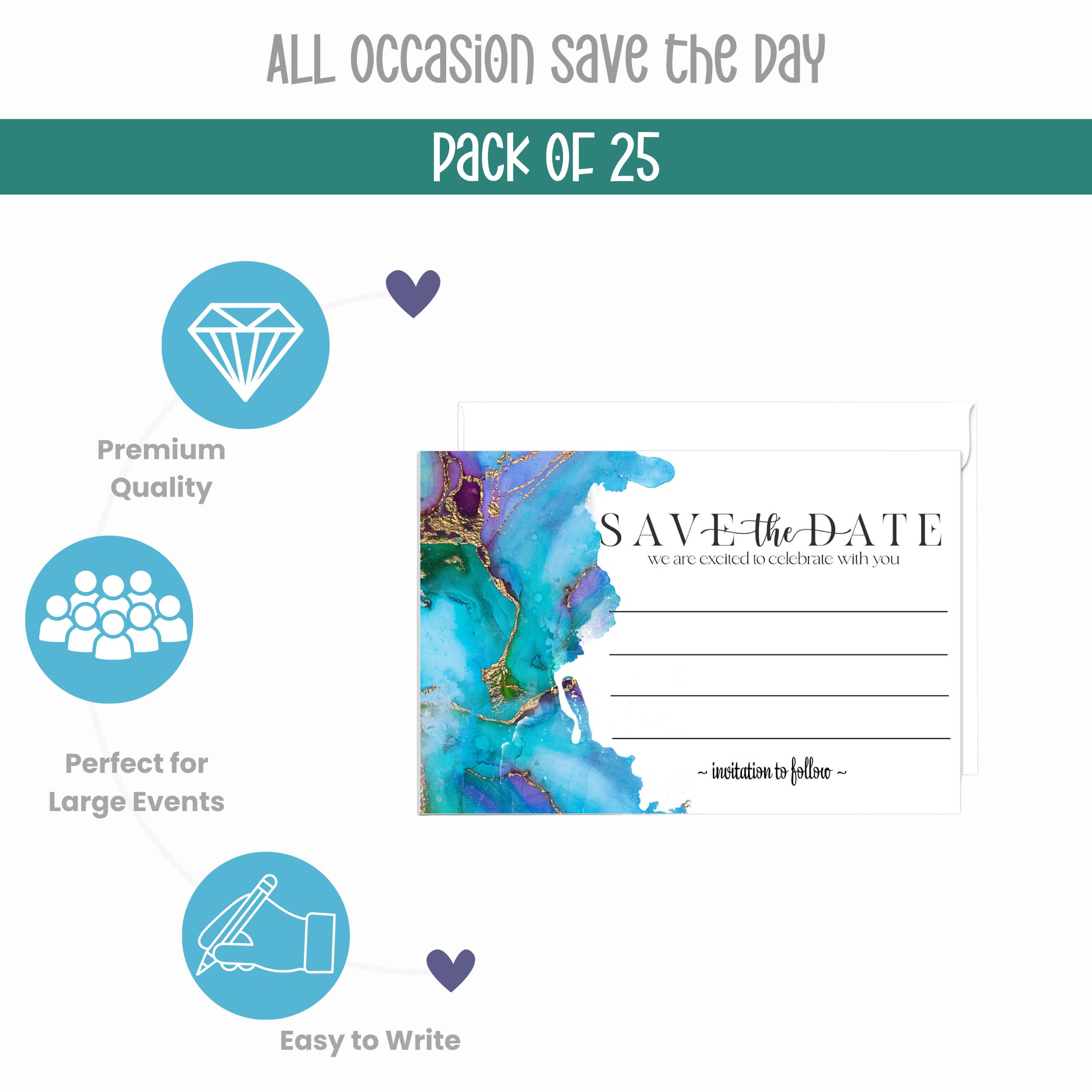 Paper Clever Party Teal and Purple Save the Date with Envelopes, All Occasion Cards for Wedding Invitations, Birthday, Graduation, Modern Watercolor, 3.5x5, 25 Pack