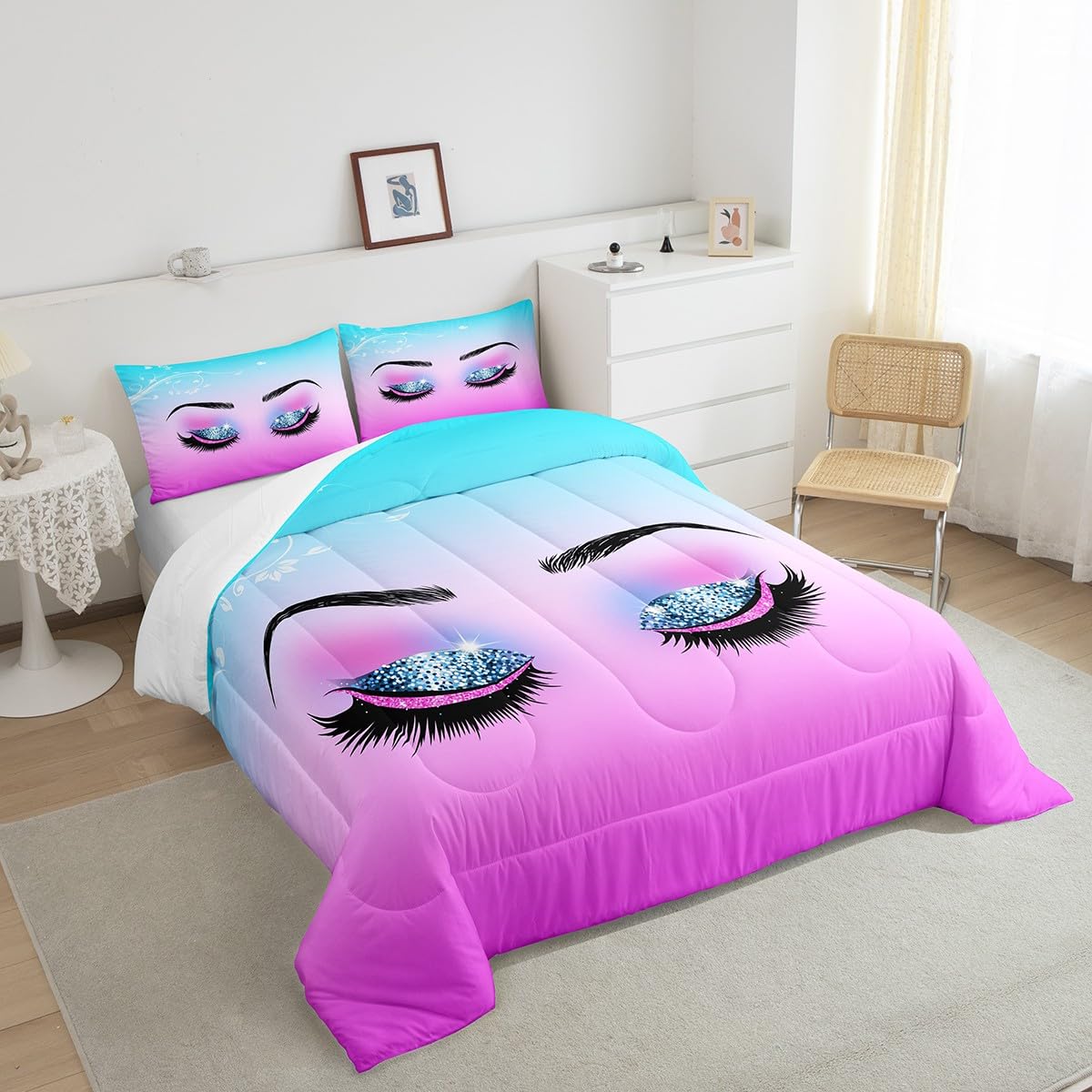 Eyelash Comforter Set Twin for Girls Women Glitter Sparkle Eyelashes Bed Comforter Set Cute Princess Style Bedding with 1 Pillowcase, Eyelashes Beauty Makeup Quilt Romance Room Decor(Pink Blue)