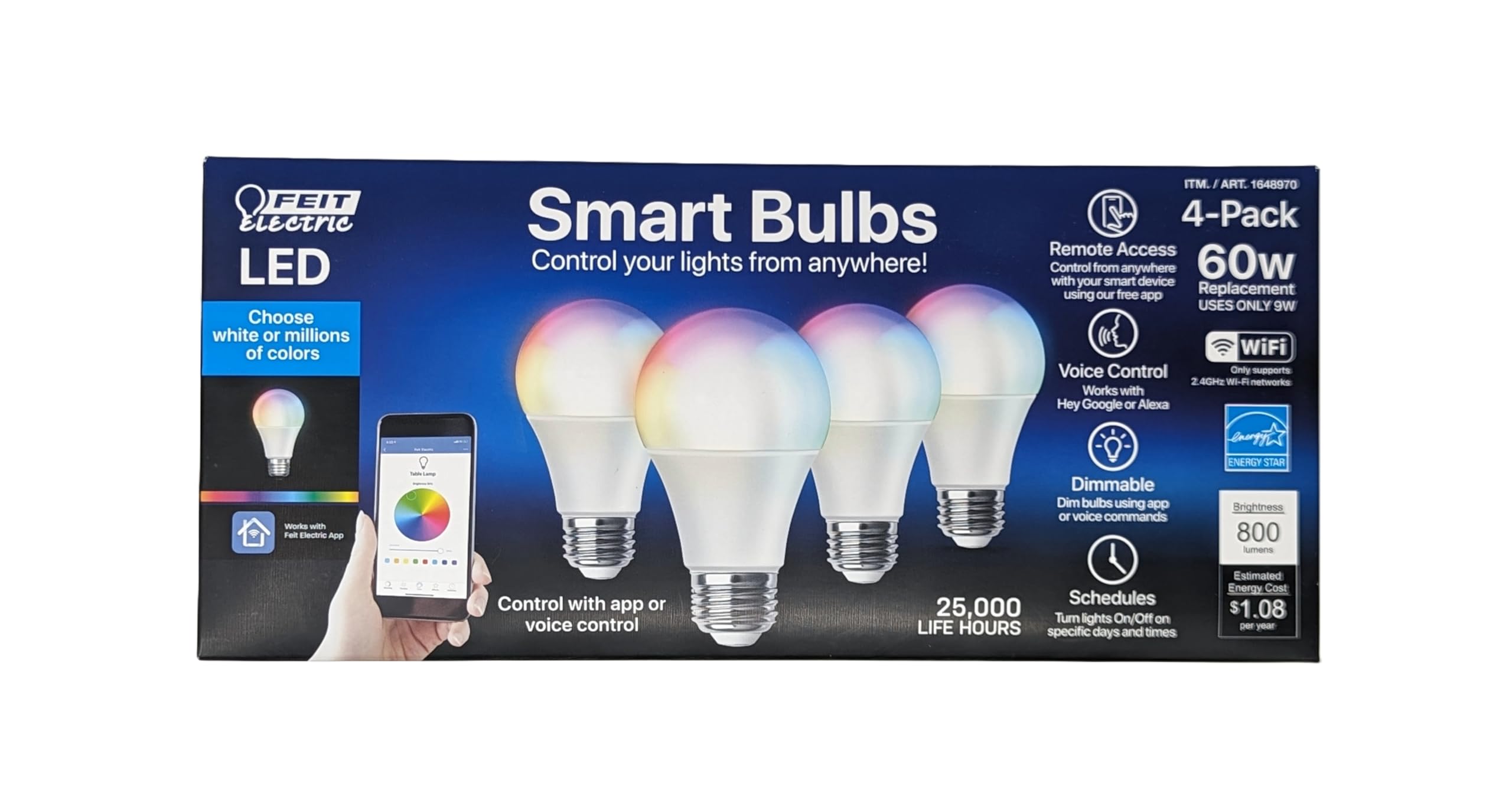 Feit 4-Pack WiFi LED Smart Bulbs (60W Replacement, 4-Pack) Color Changing